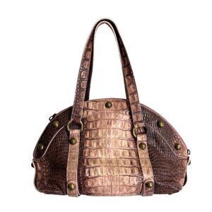 Maddalena Marconi Croc Leather Handbag Brass-Stud Accents Italy Brown Pink